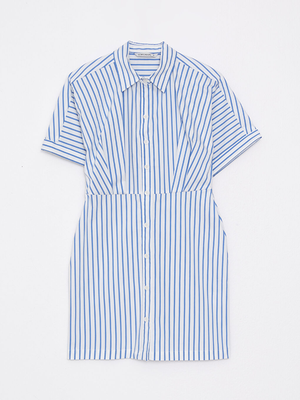 Mavi Gömlek Yaka Çizgili Kısa Kollu Poplin Elbise-7