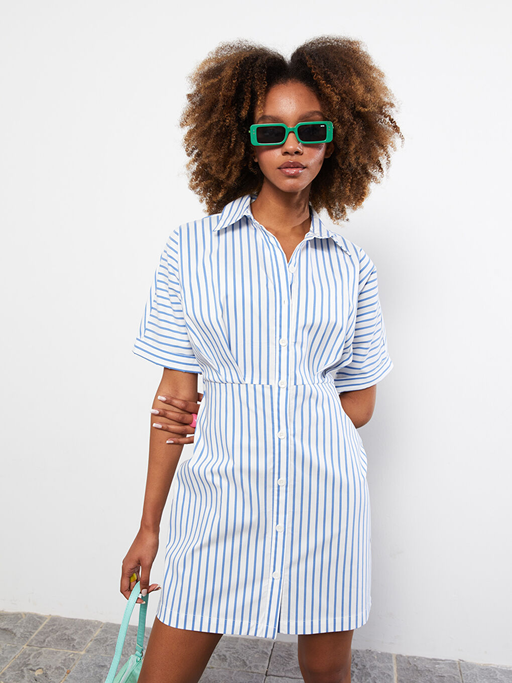 Mavi Gömlek Yaka Çizgili Kısa Kollu Poplin Elbise-3
