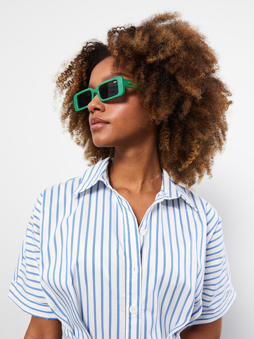 Mavi Gömlek Yaka Çizgili Kısa Kollu Poplin Elbise-4