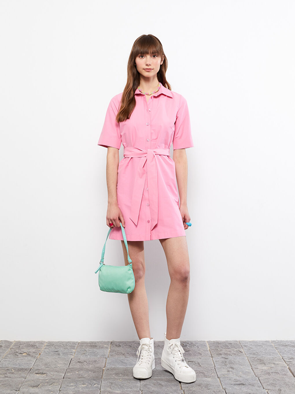 Shirt Collar Straight Short Sleeve Poplin Women Dress-1