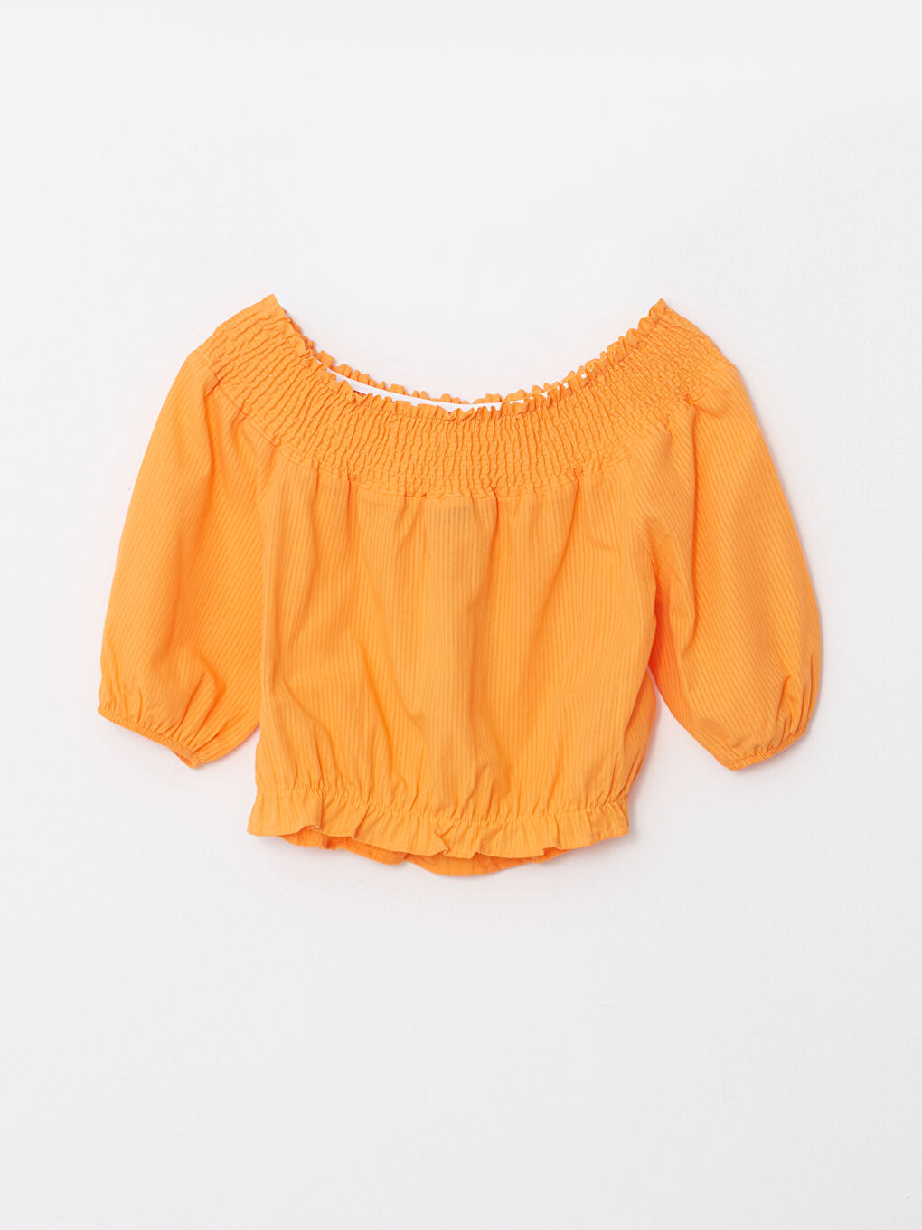 Turuncu Kayık Yaka Düz Kısa Kollu Poplin Kadın Bluz-5