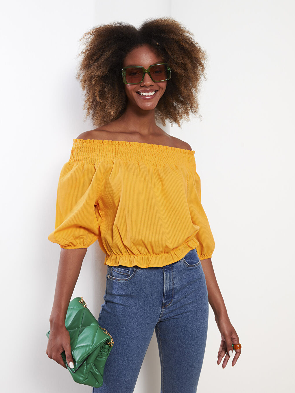 Turuncu Kayık Yaka Düz Kısa Kollu Poplin Kadın Bluz-1