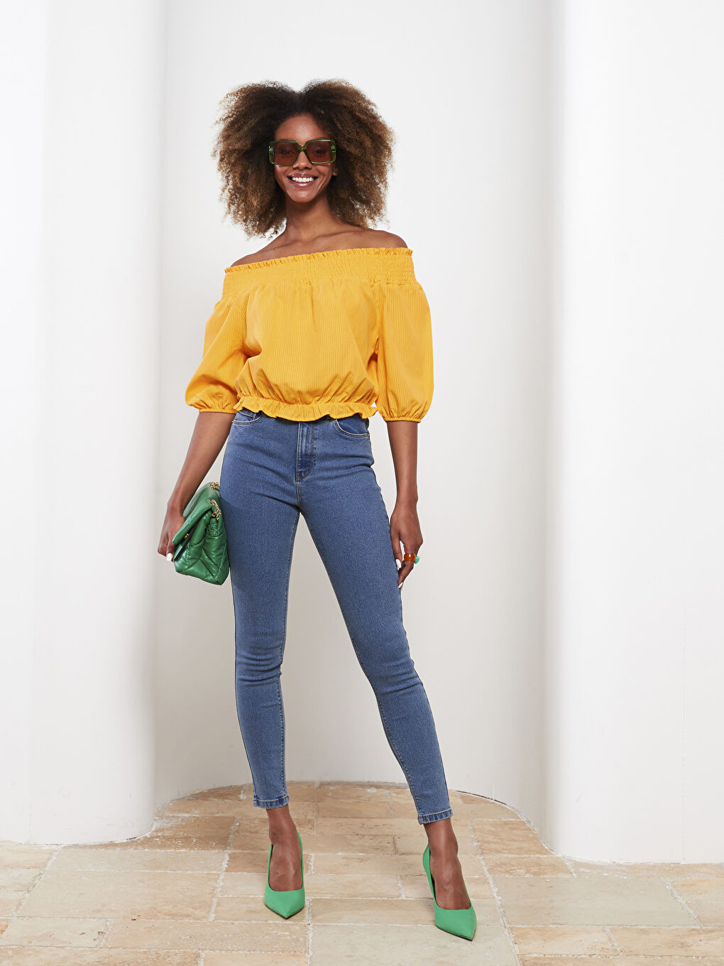 Turuncu Kayık Yaka Düz Kısa Kollu Poplin Kadın Bluz-2