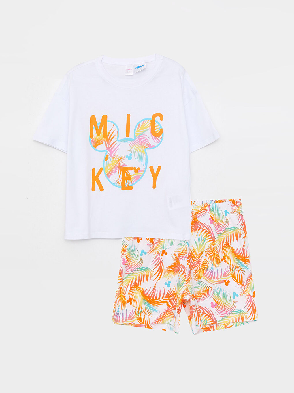 Beyaz Bisiklet Yaka Mickey Mouse Baskılı Kısa Kollu Kız Çocuk Şortlu Pijama Takımı