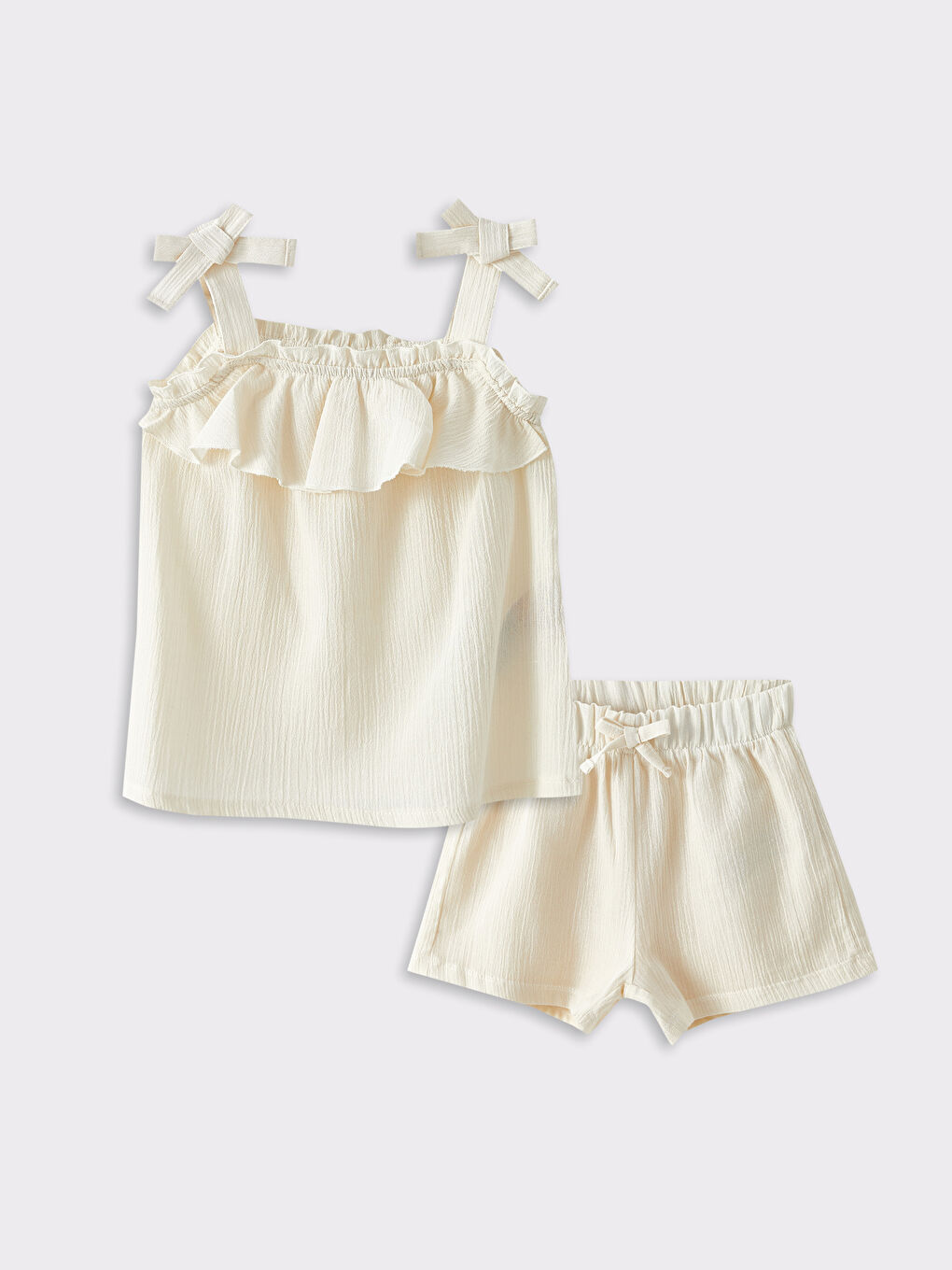 Ekru Kare Yaka Askılı Pamuklu Kız Bebek Bluz ve Şort 2'li Takım