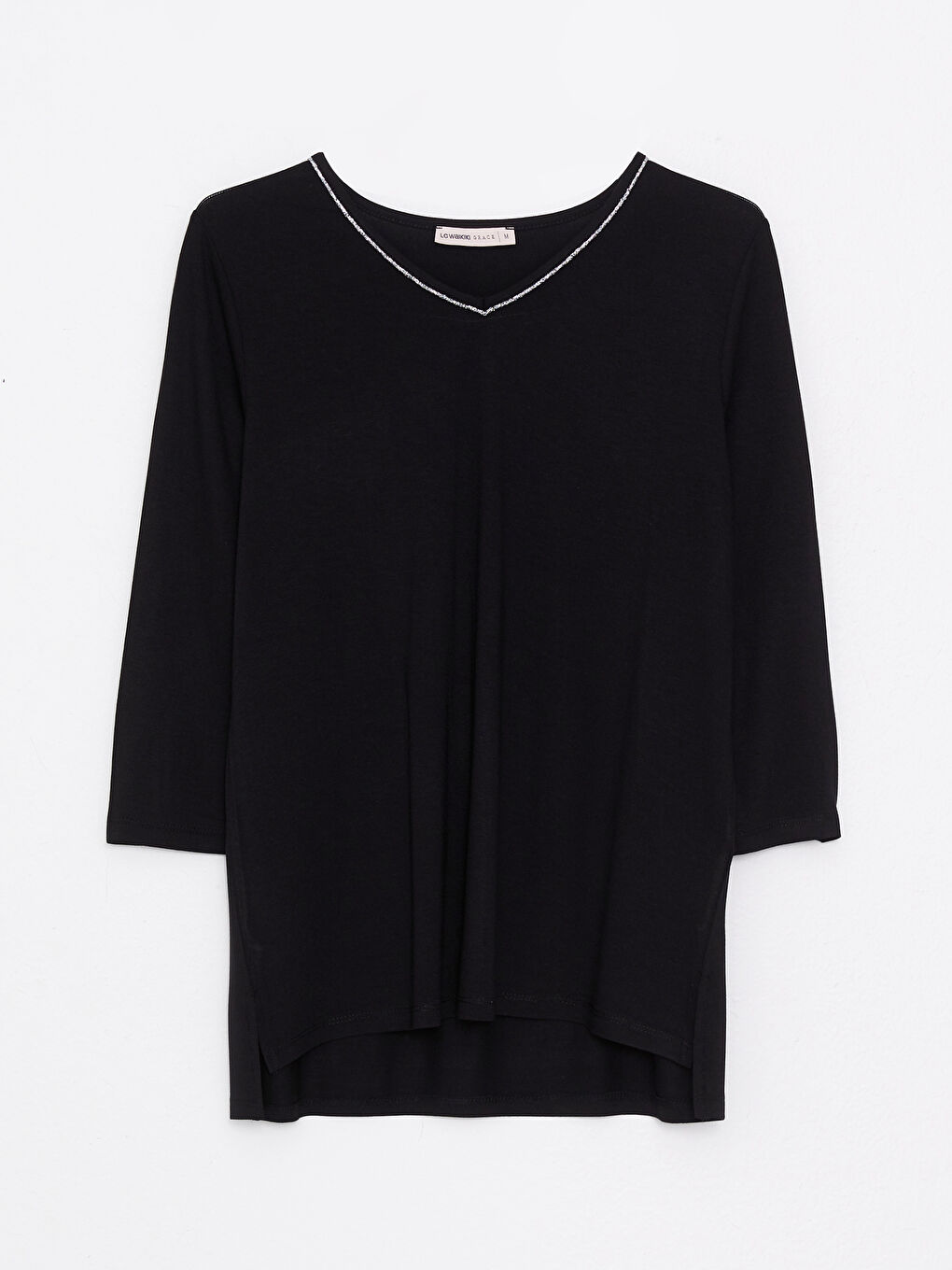 Siyah V Yaka Düz Uzun Kollu Kadın Tişört-5