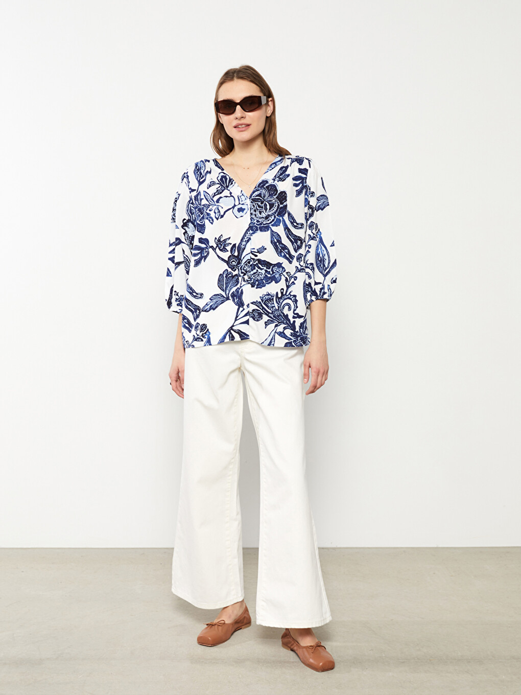 V-Neck Floral Viscose Women's Blouse