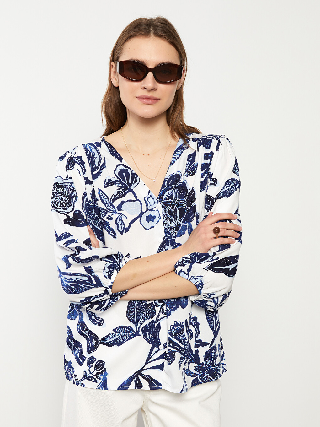 V-Neck Floral Viscose Women's Blouse-1