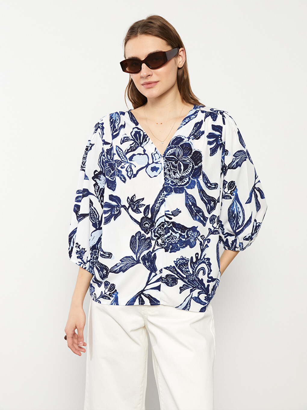 V-Neck Floral Viscose Women's Blouse-2