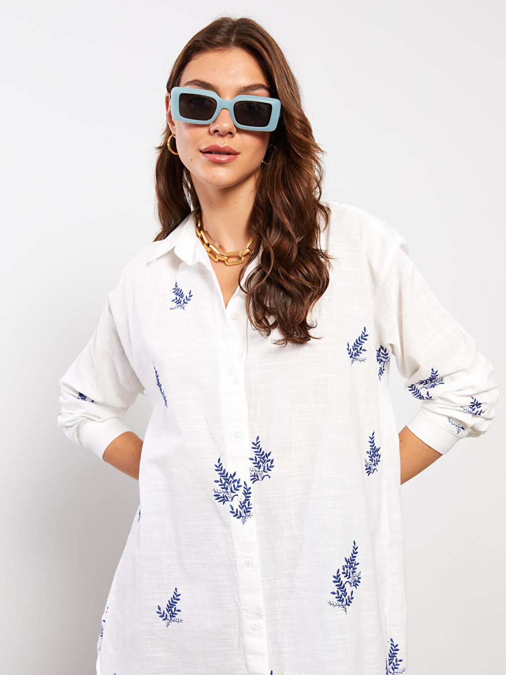 Front Button Closure Embroidered Long Sleeve Women's Shirt-1