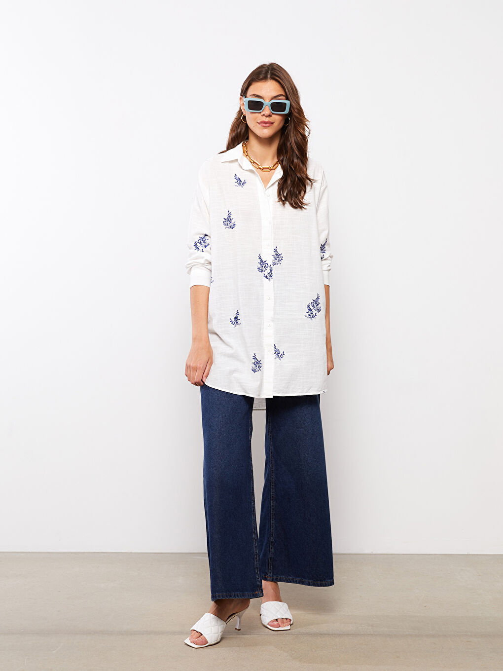 Front Button Closure Embroidered Long Sleeve Women's Shirt-2