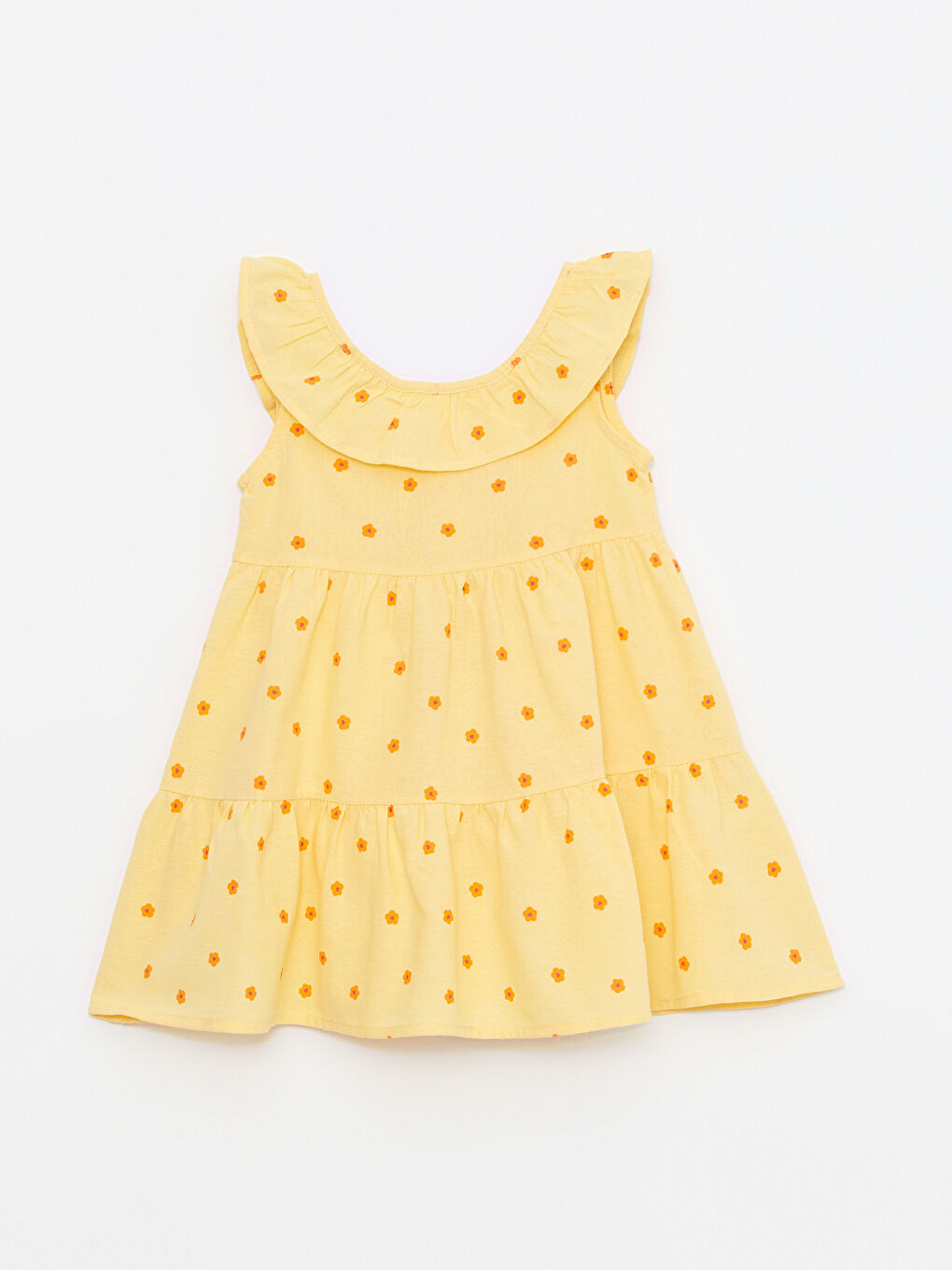 Sarı V Yaka Baskılı Pamuklu Kız Bebek Elbise-1
