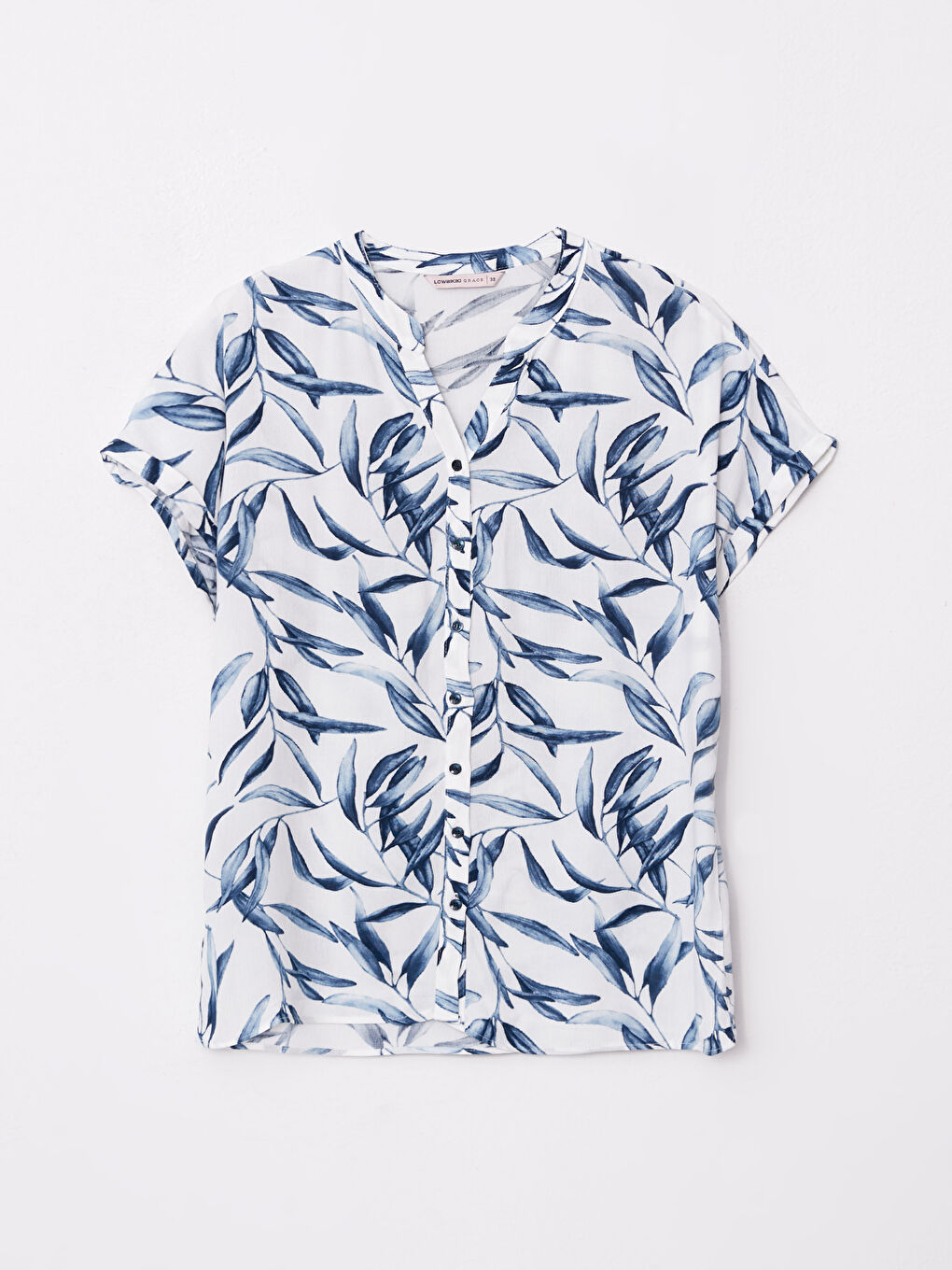 Mavi Kaçık Yaka Desenli Kısa Kollu Krinkle Kadın Gömlek-4