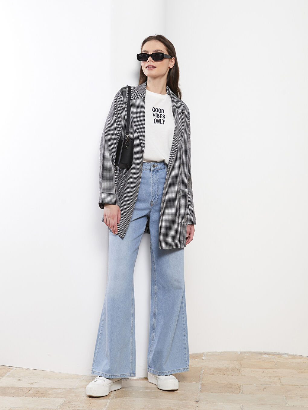 Siyah Ekose Uzun Kollu Gofre Kadın Ceket