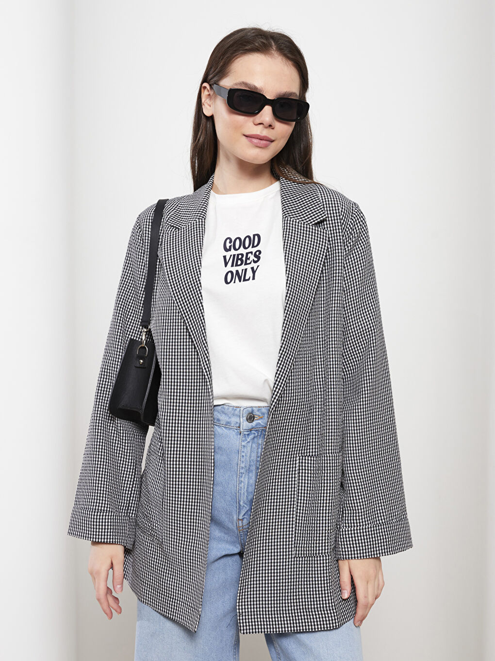 Siyah Ekose Uzun Kollu Gofre Kadın Ceket-1