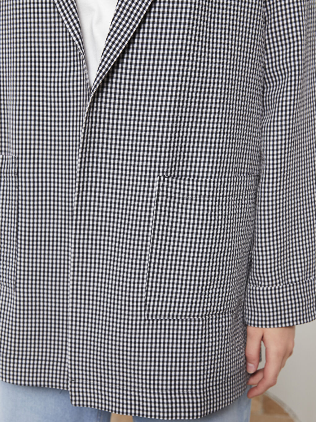 Siyah Ekose Uzun Kollu Gofre Kadın Ceket-2