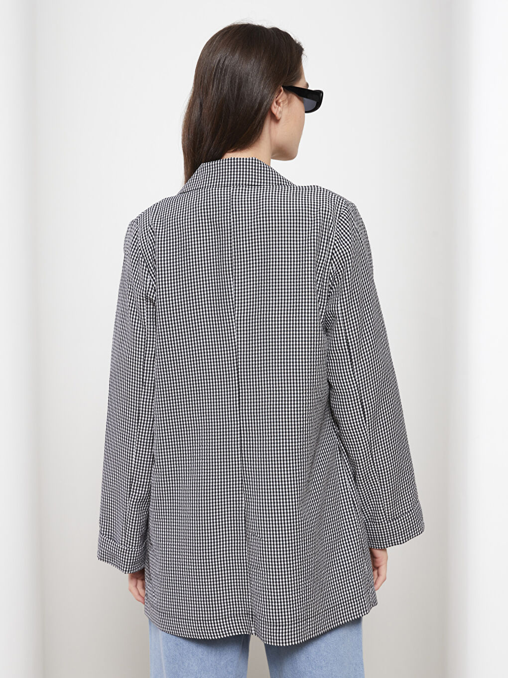 Siyah Ekose Uzun Kollu Gofre Kadın Ceket-3