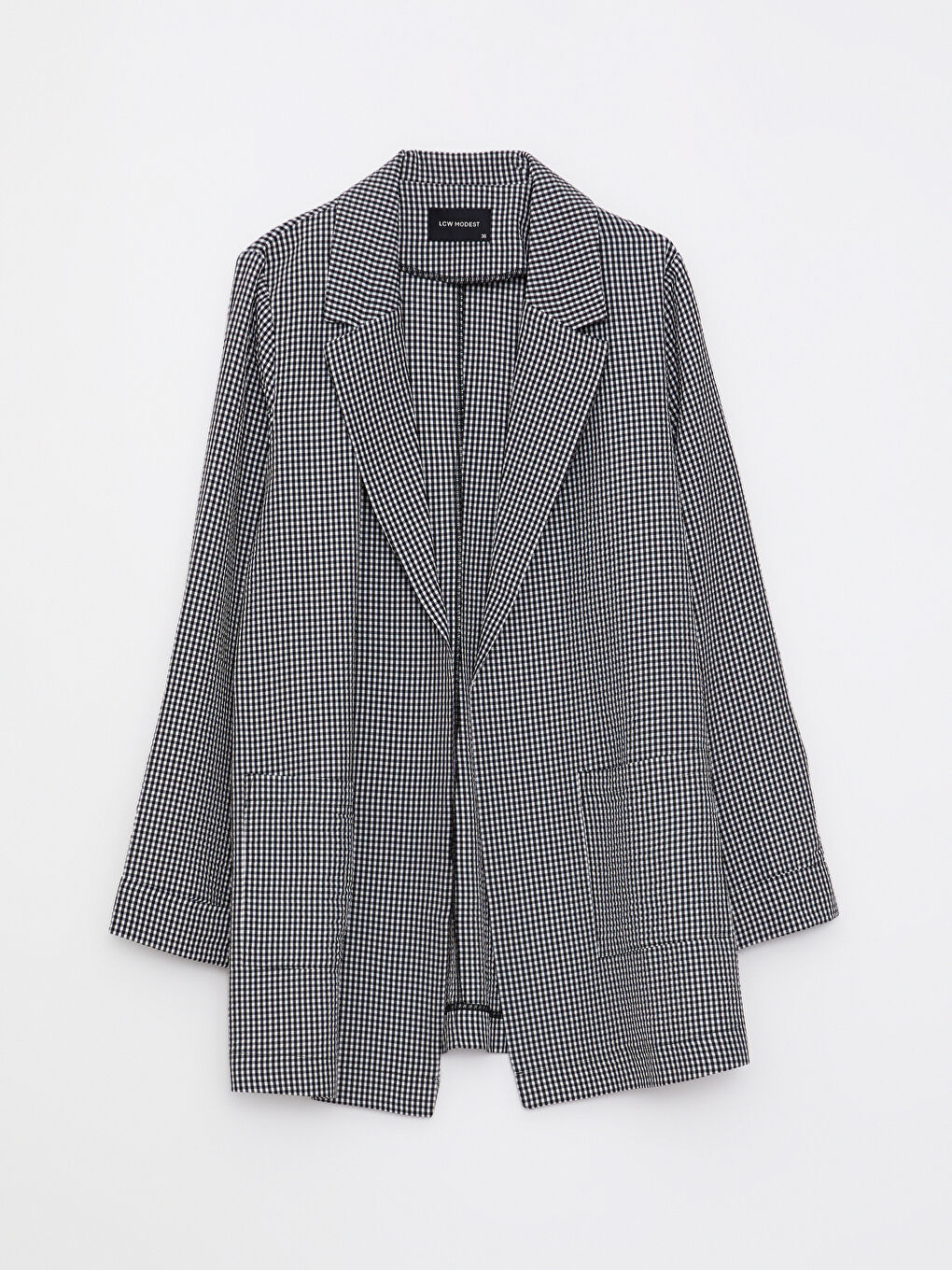 Siyah Ekose Uzun Kollu Gofre Kadın Ceket-4