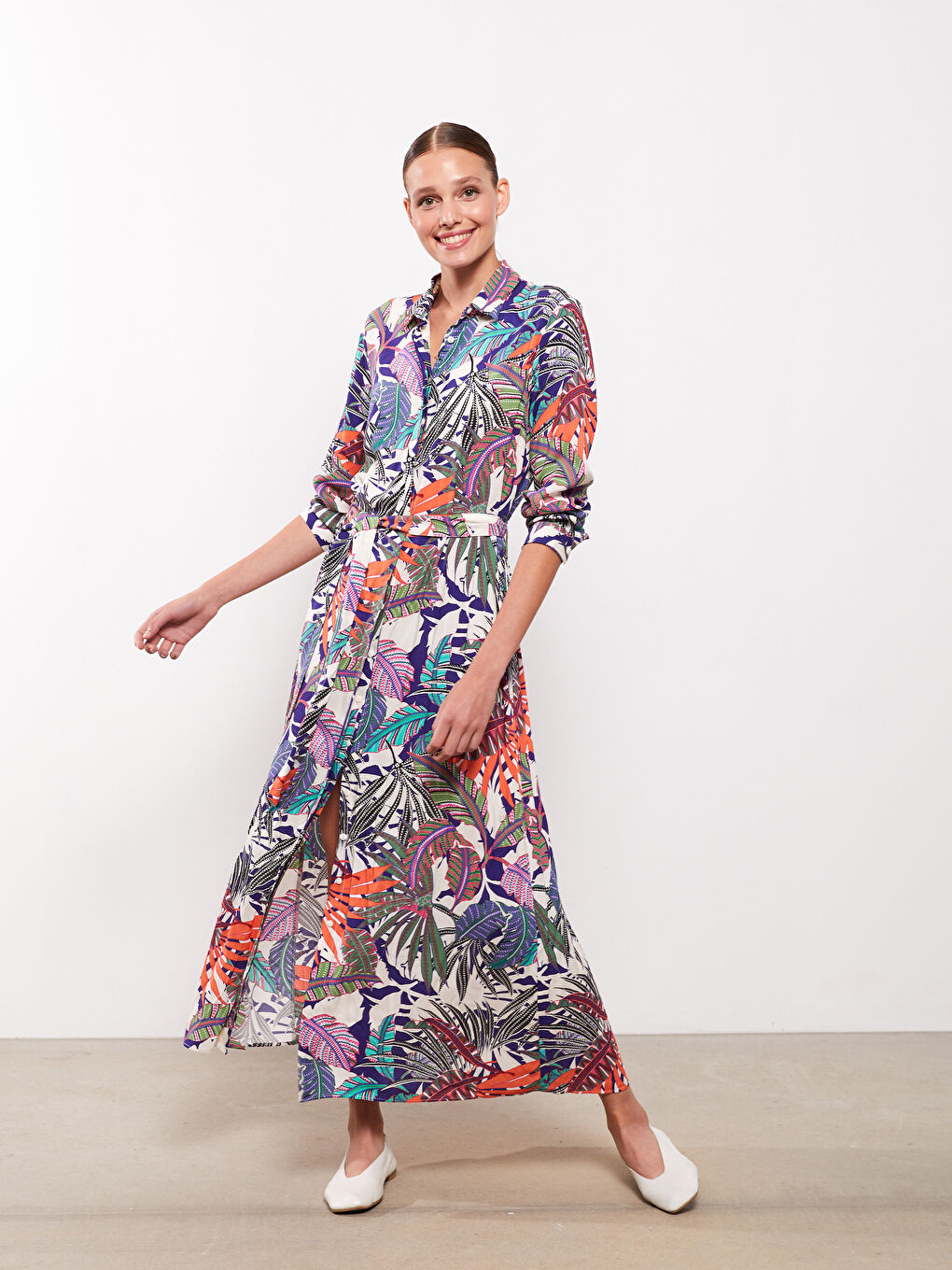 Karışık Desenli Uzun Kollu Viskon Kadın Gömlek Elbise