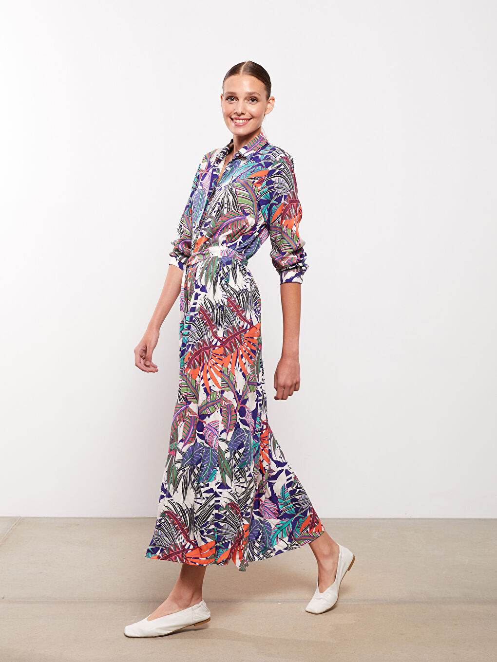 Karışık Desenli Uzun Kollu Viskon Kadın Gömlek Elbise-1