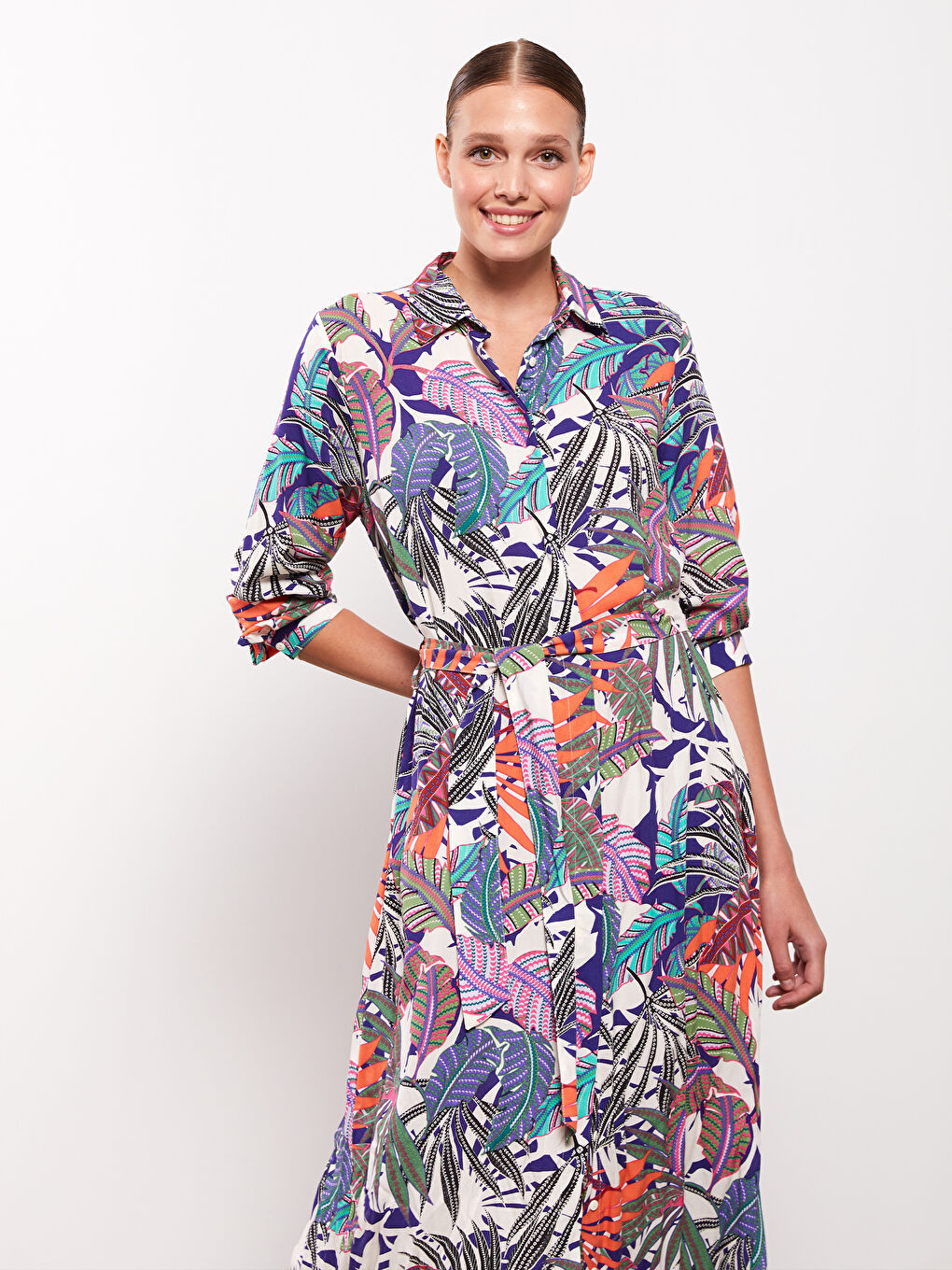 Karışık Desenli Uzun Kollu Viskon Kadın Gömlek Elbise-2