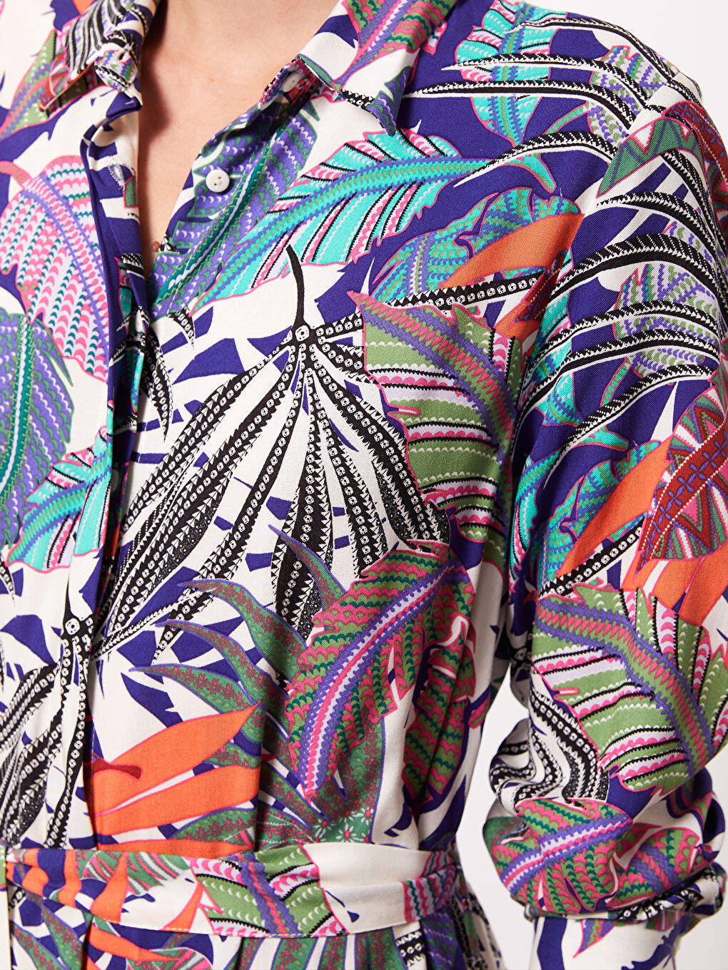 Karışık Desenli Uzun Kollu Viskon Kadın Gömlek Elbise-3