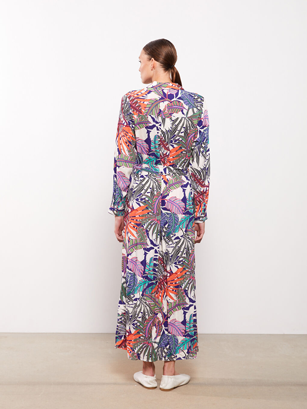 Karışık Desenli Uzun Kollu Viskon Kadın Gömlek Elbise-4