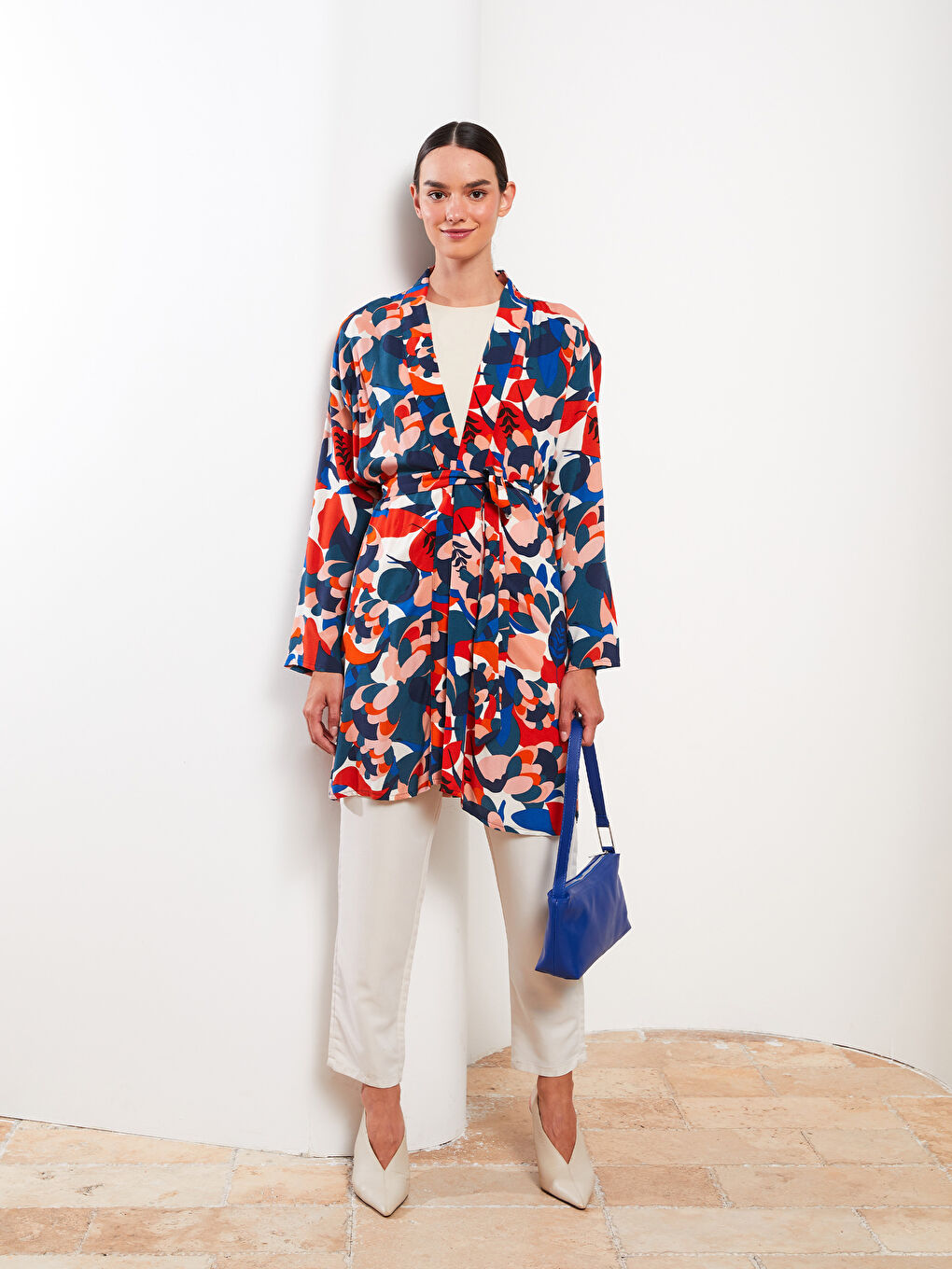 Shawl Collar Patterned Long Sleeve Oversize Viscose Women's Kimono -S2KG59Z8-LTQ