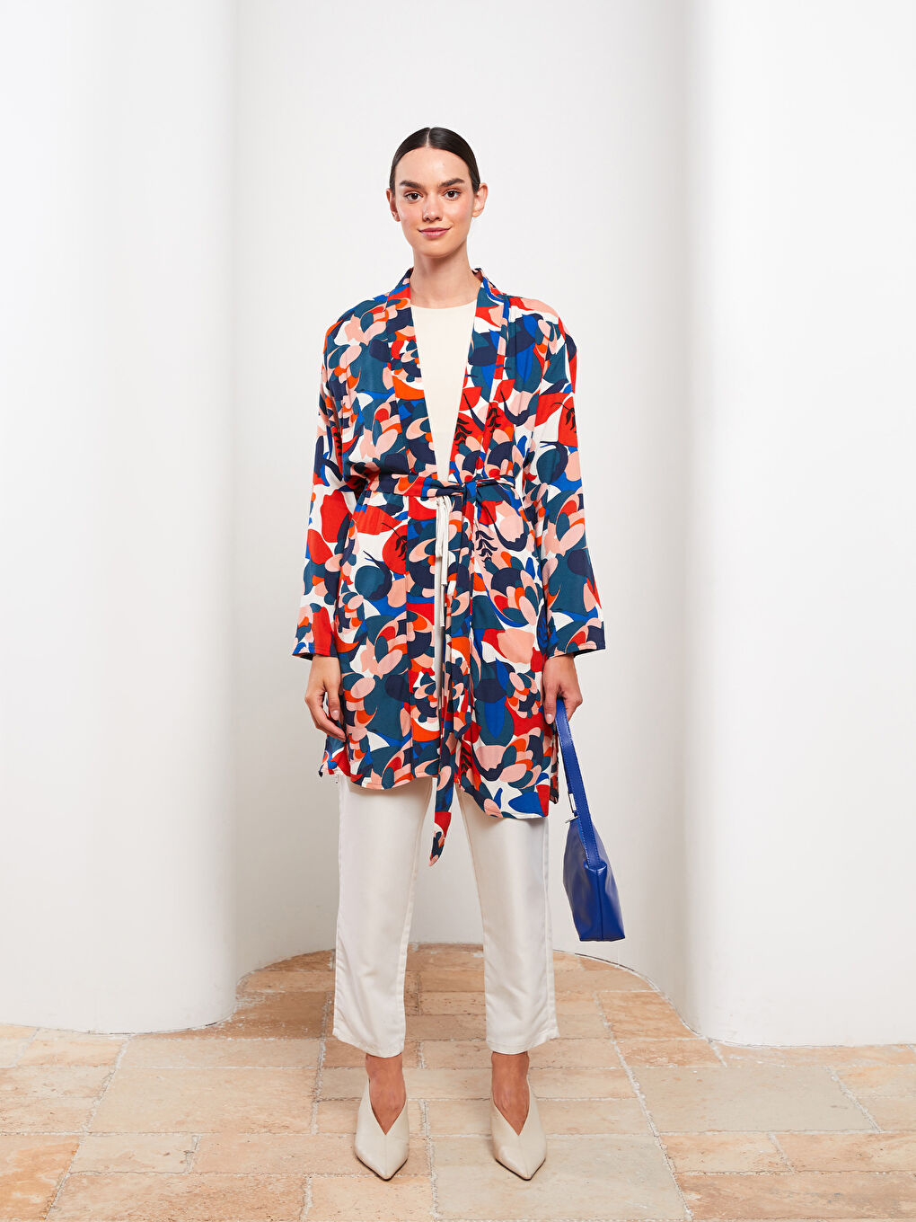 Shawl Collar Patterned Long Sleeve Oversize Viscose Women's Kimono -S2KG59Z8-LTQ