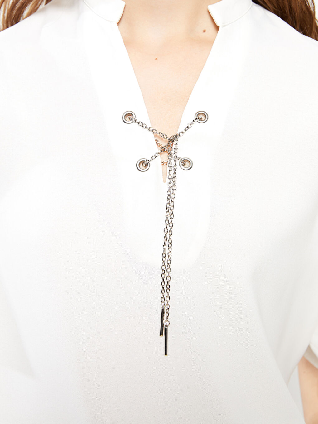 Ekru Kaçık Yaka Düz Kısa Kollu Kadın Bluz-2