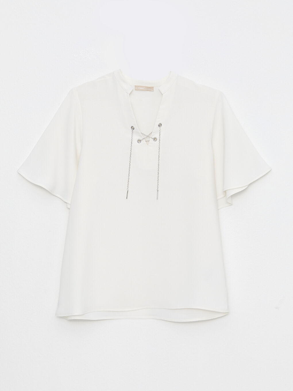 Ekru Kaçık Yaka Düz Kısa Kollu Kadın Bluz-4