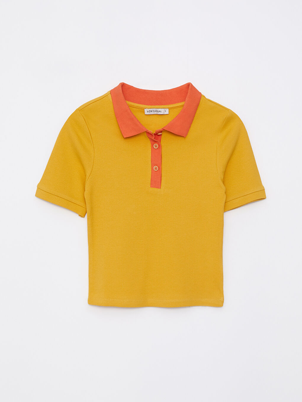 Sarı Polo Yaka Düz Kısa Kollu Kadın Crop-5