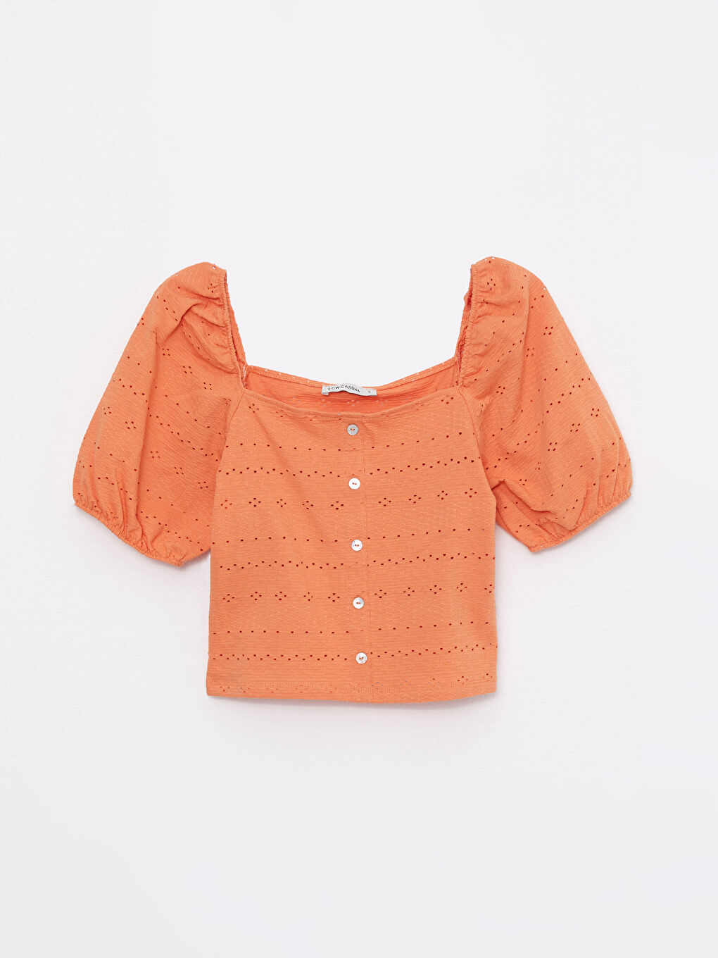 Turuncu Kare Yaka Nakışlı Kısa Kollu Kadın Bluz-5
