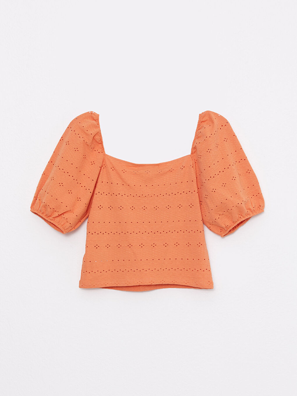 Turuncu Kare Yaka Nakışlı Kısa Kollu Kadın Bluz-6