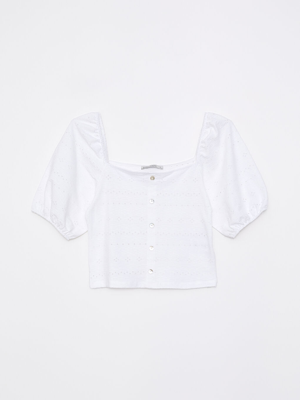 Beyaz Kare Yaka Nakışlı Kısa Kollu Kadın Bluz-5