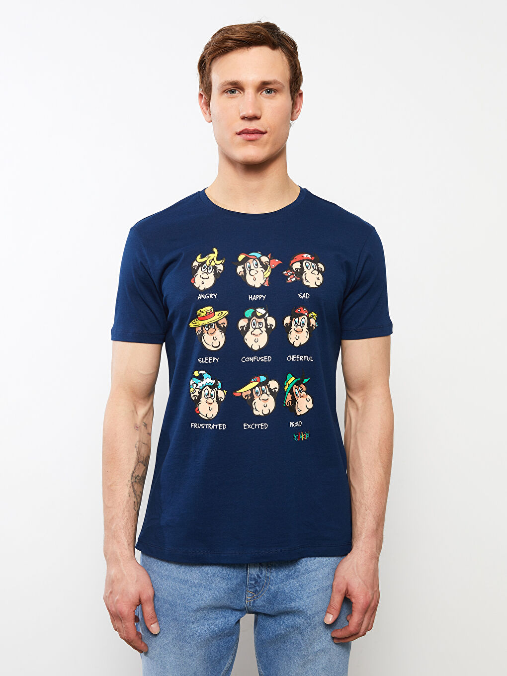 Lacivert Bisiklet Yaka Kısa Kollu Nostaljik Maymun Baskılı Penye Erkek Tişört