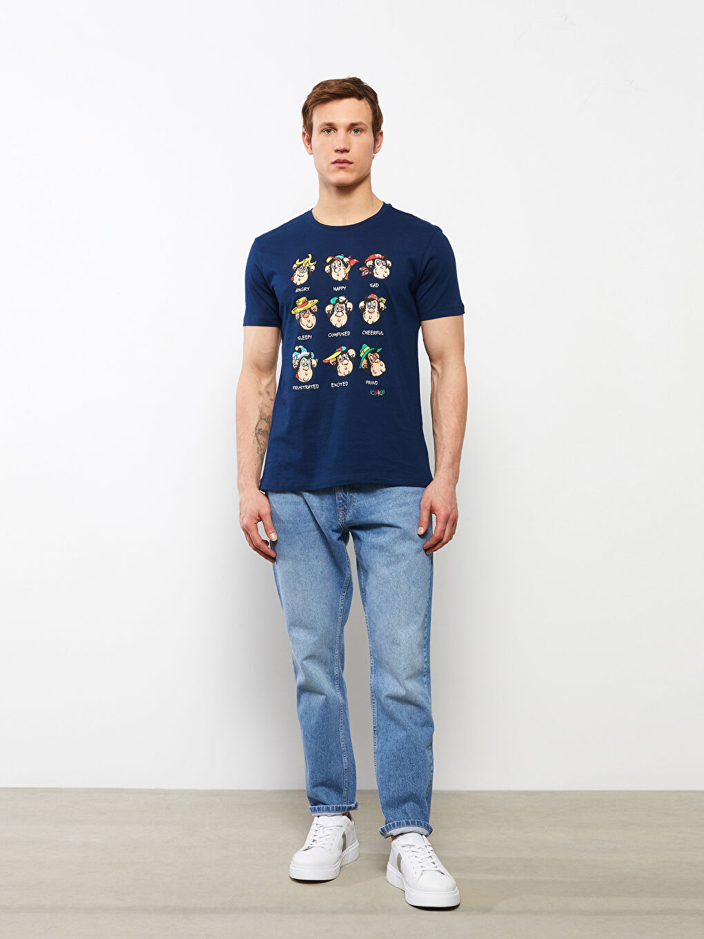 Lacivert Bisiklet Yaka Kısa Kollu Nostaljik Maymun Baskılı Penye Erkek Tişört-1