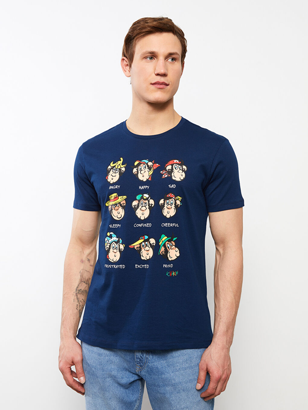 Lacivert Bisiklet Yaka Kısa Kollu Nostaljik Maymun Baskılı Penye Erkek Tişört-2