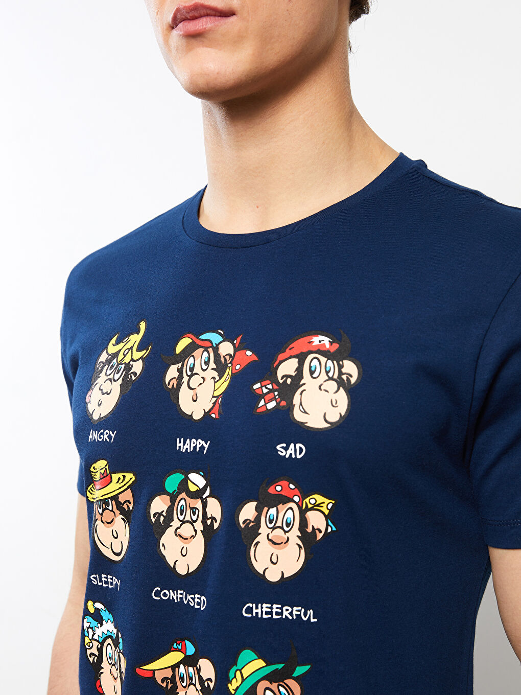 Lacivert Bisiklet Yaka Kısa Kollu Nostaljik Maymun Baskılı Penye Erkek Tişört-3