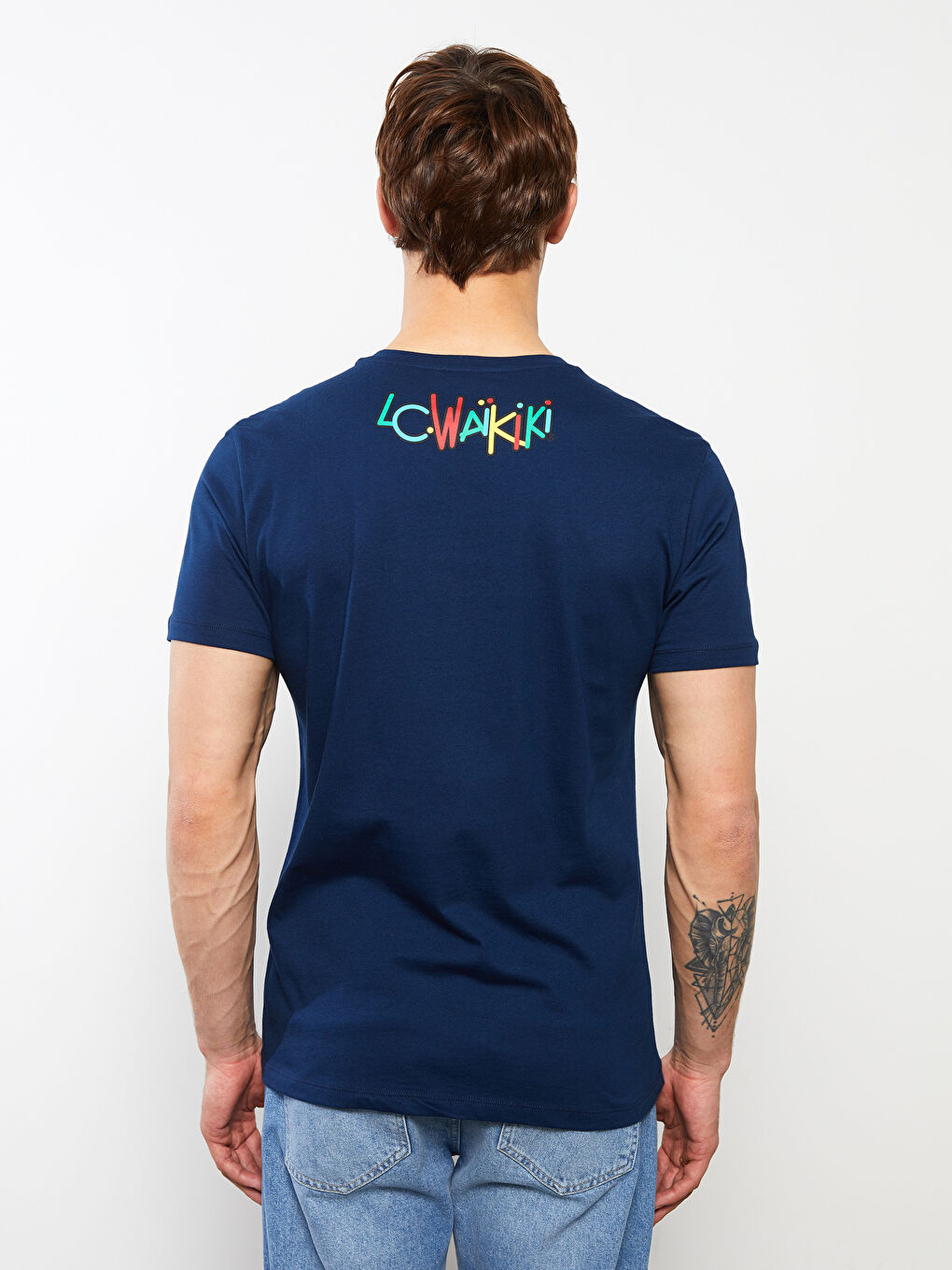 Lacivert Bisiklet Yaka Kısa Kollu Nostaljik Maymun Baskılı Penye Erkek Tişört-4