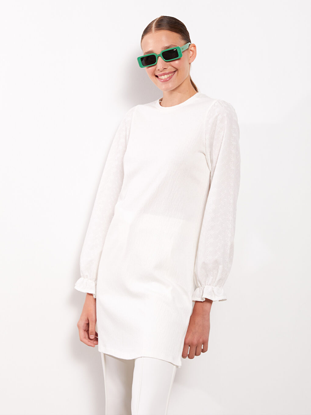 Crew Neck Plain Long Sleeve Women's Tunic-2