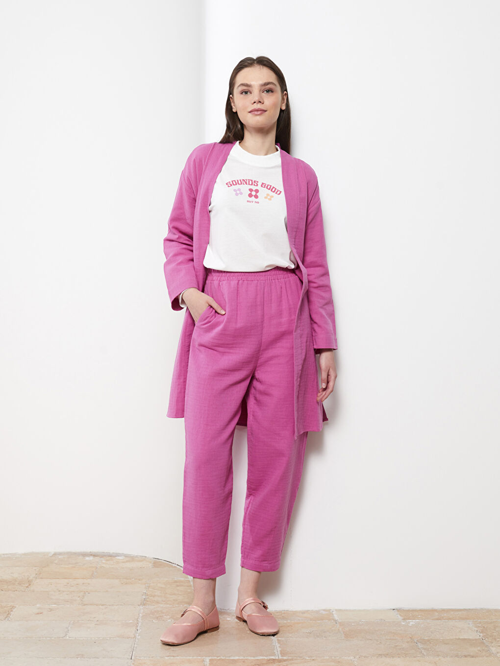 Elastic Waist Comfortable Fit Straight Muslin Fabric Women's Trousers-1