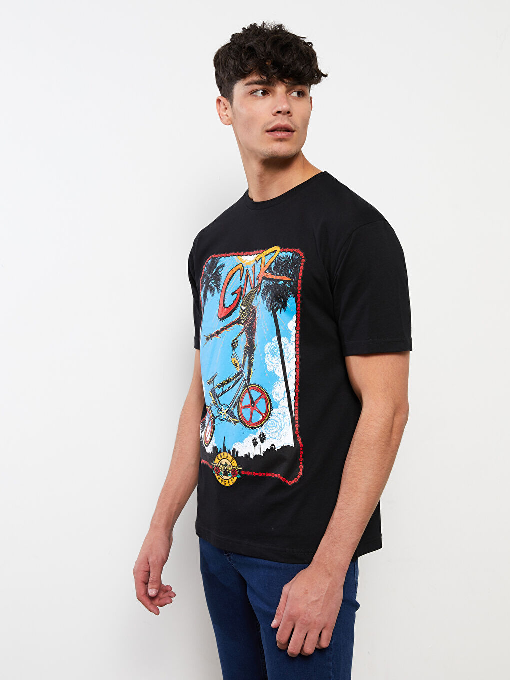 Siyah Bisiklet Yaka Kısa Kollu Baskılı Penye Erkek Tişört-1