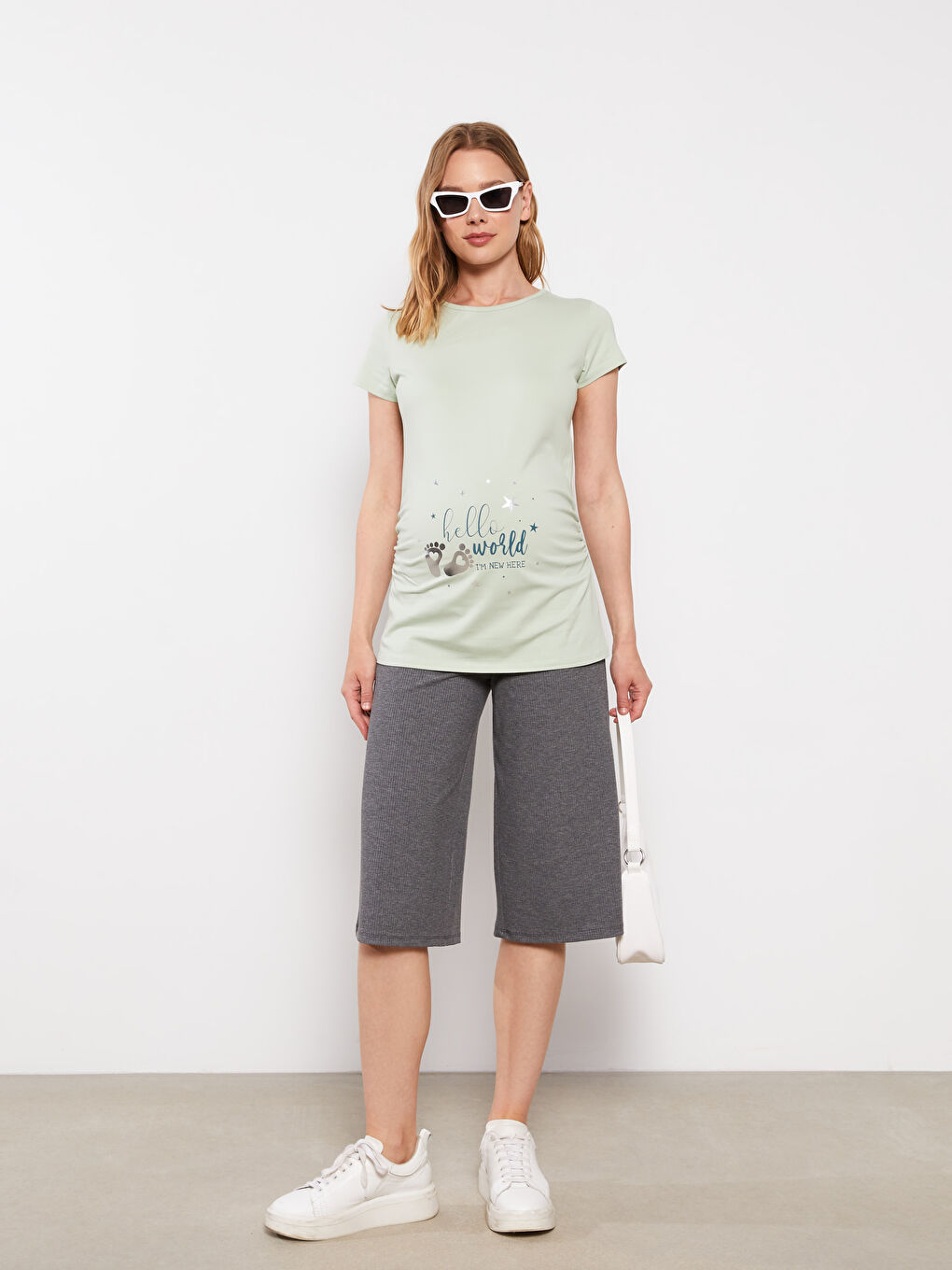 Gri Karın Panelli Düz Hamile Kapri-1