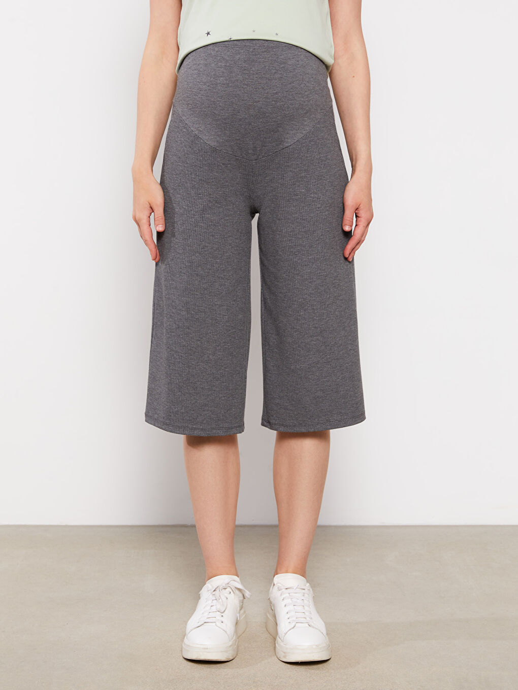 Gri Karın Panelli Düz Hamile Kapri-3