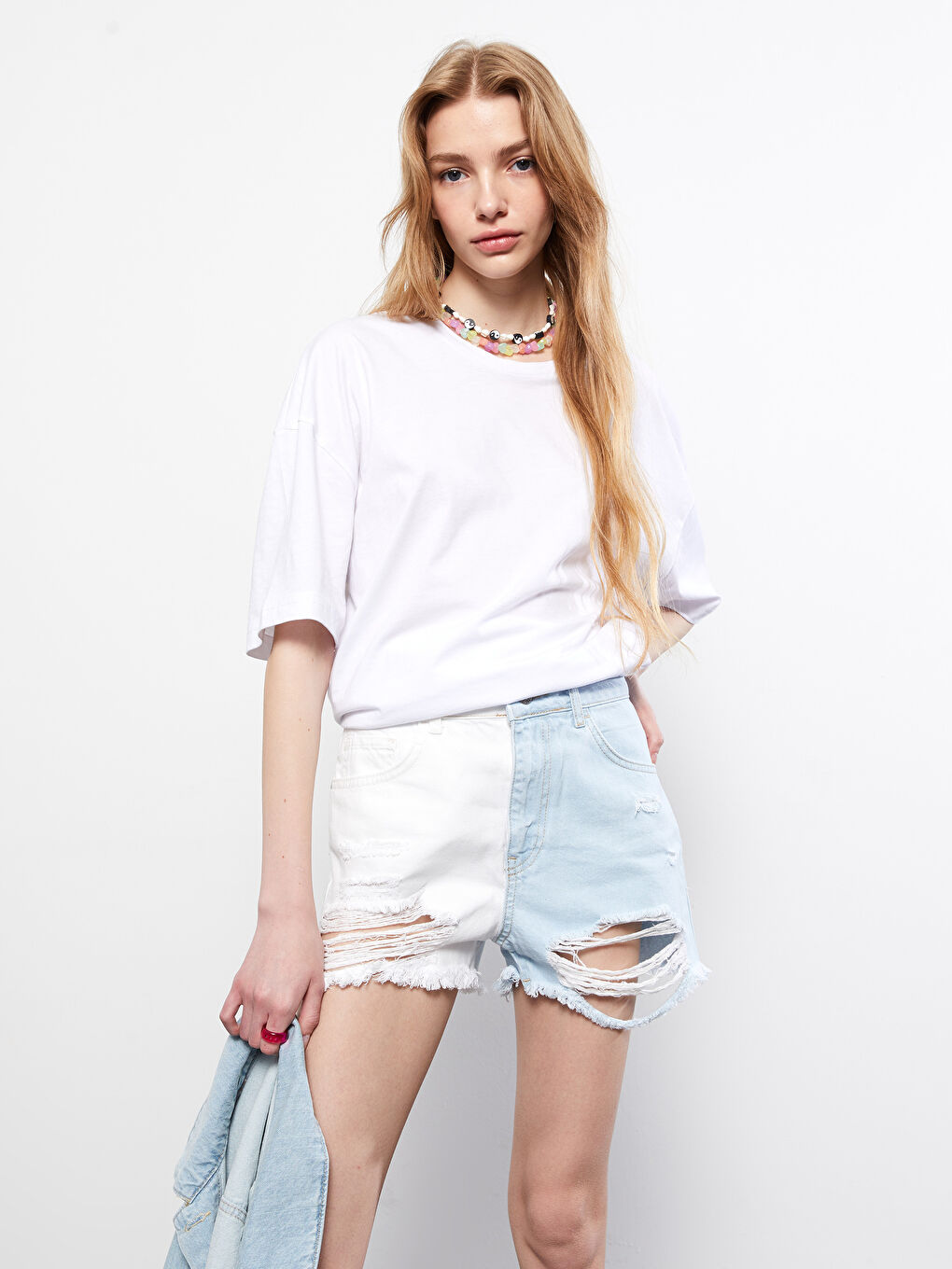 Short en jean taille haute coupe mom bloc de couleurs avec poches détaillées pour Femmes-2