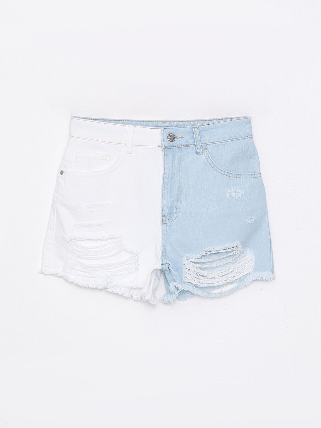 Short en jean taille haute coupe mom bloc de couleurs avec poches détaillées pour Femmes-6