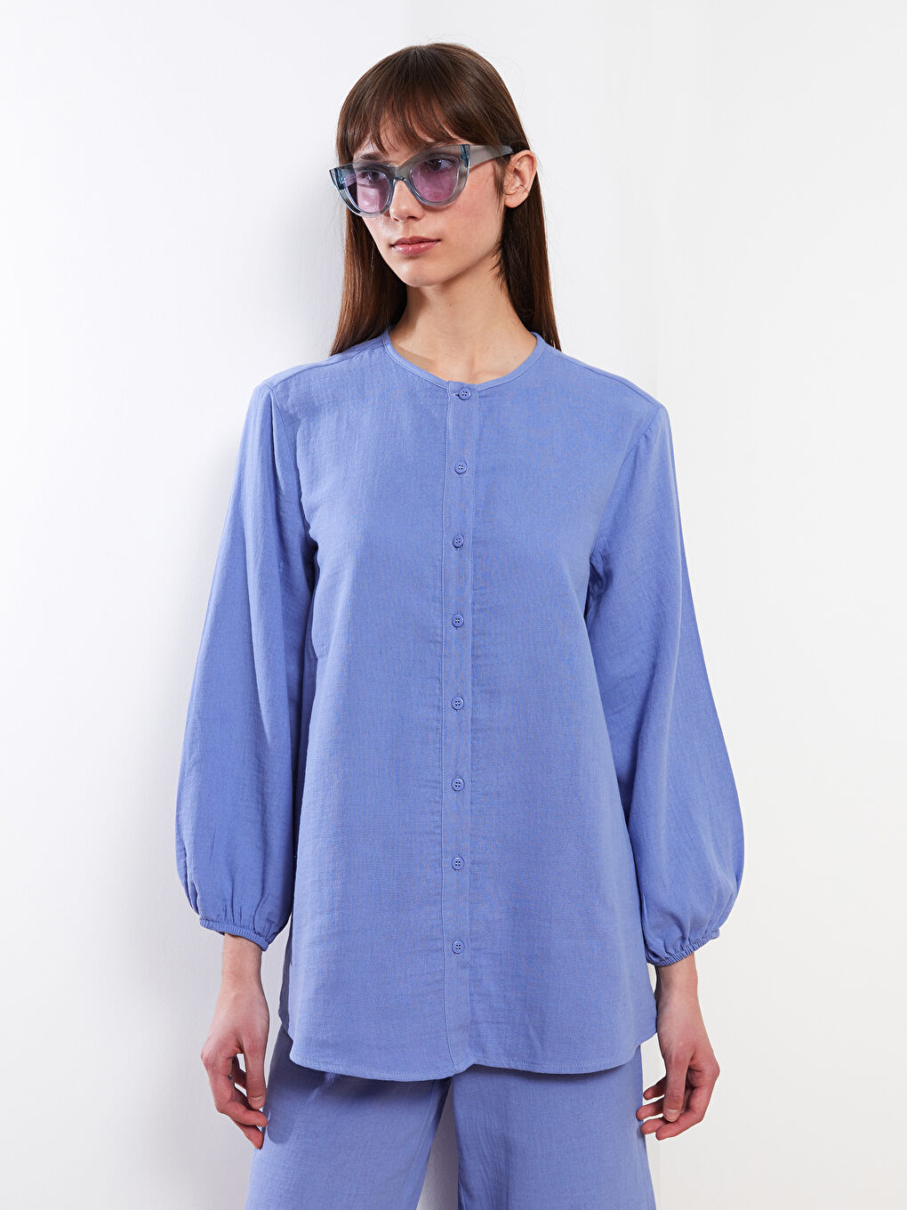 Mor Bisiklet Yaka Düz Uzun Kollu Müslin Kumaş Kadın Tunik