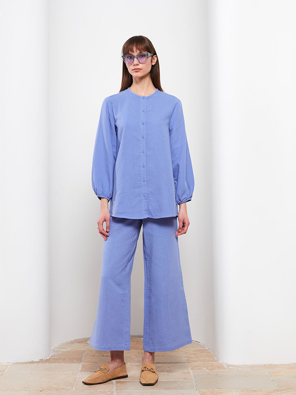 Mor Bisiklet Yaka Düz Uzun Kollu Müslin Kumaş Kadın Tunik-1