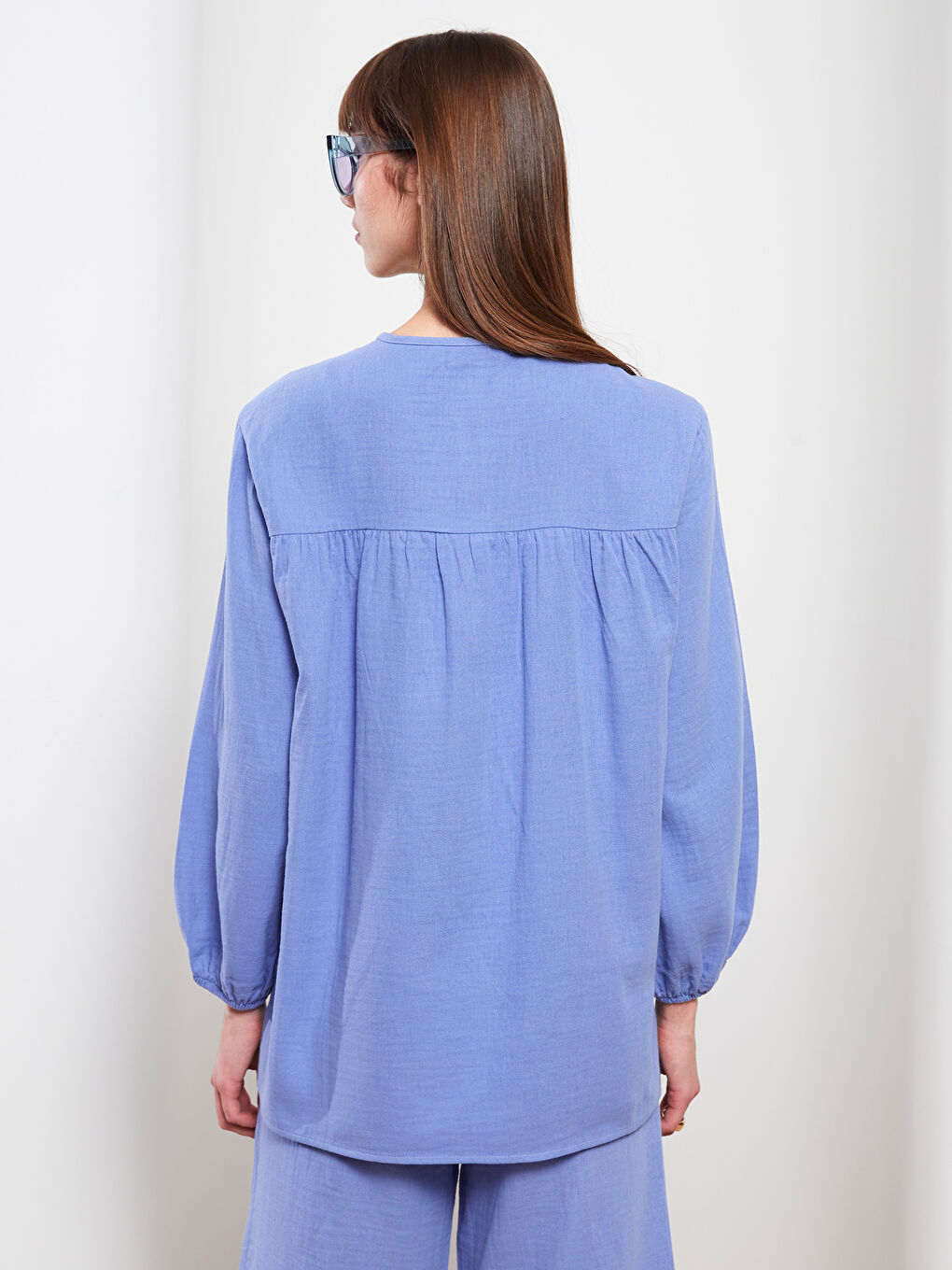 Mor Bisiklet Yaka Düz Uzun Kollu Müslin Kumaş Kadın Tunik-3